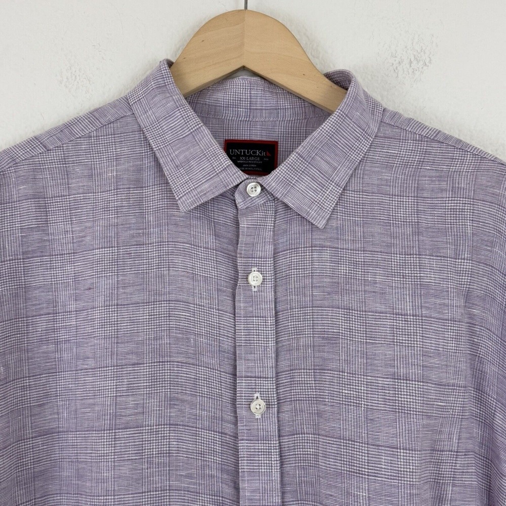 UNTUCKit Button Down Shirt Plus 2XL Torontel Regular Fit Purple Plaid Linen - Picture 4 of 14